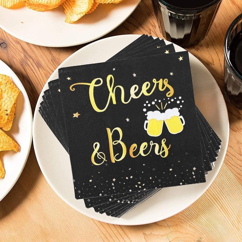 40 Pcs Cheers & Beers Napk Cheers Beer Party Supplies Disposable Cocktail Napk Black and Gold Foil Paper Napk for 30th 40th 50th 60th 70th 80th 90th