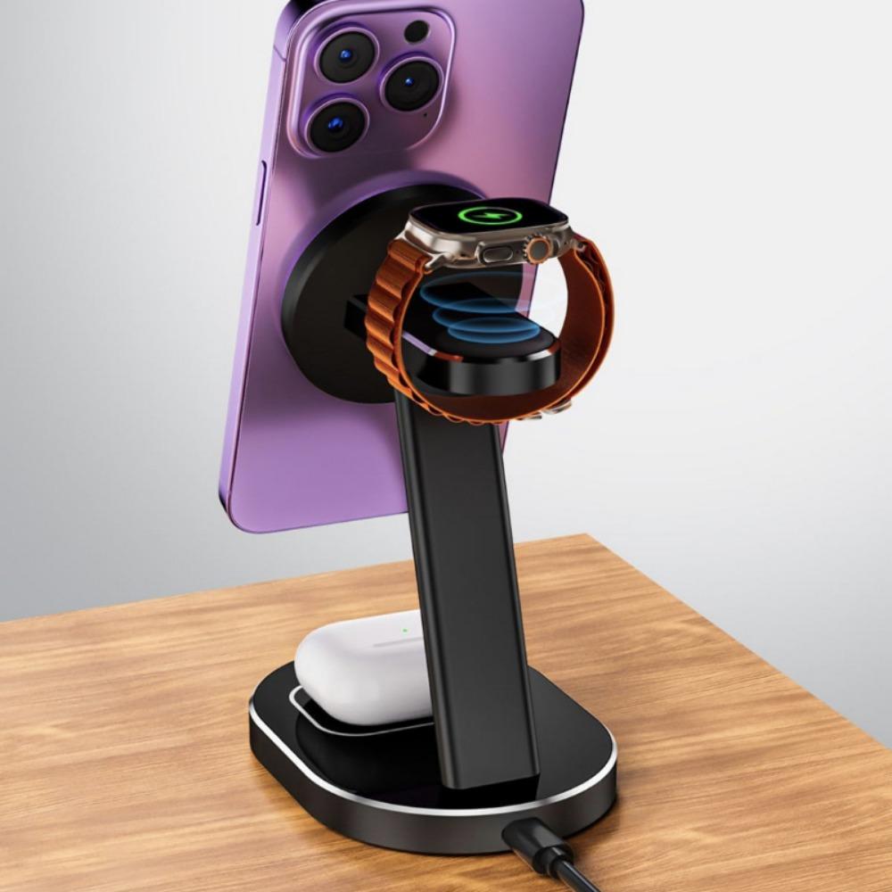Der 3-in-1-Desktop-Ständer für kabellose Ladegeräte aus Aluminiumlegierung eignet sich zum kabellosen Laden von iPhone-Uhrenkopfhörern