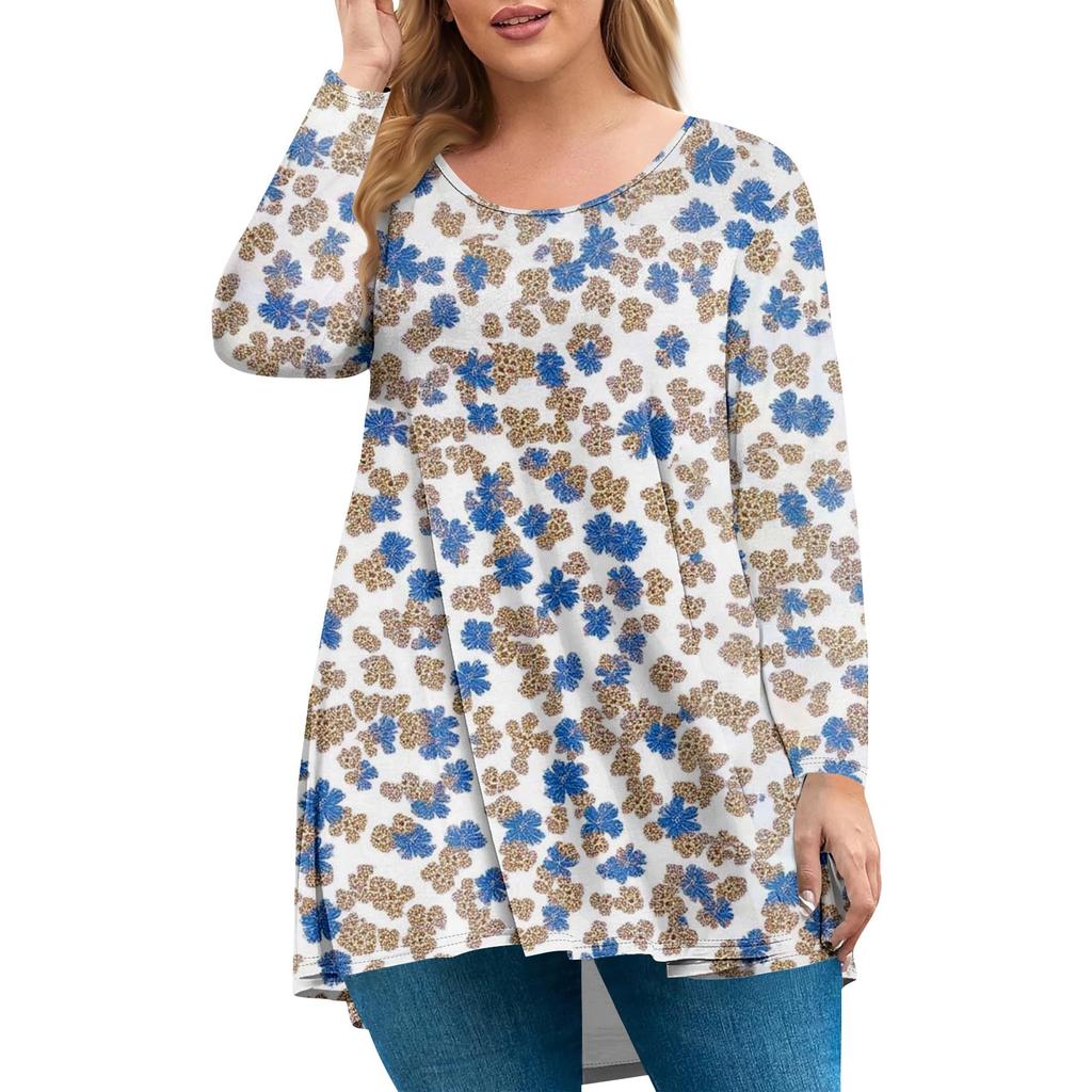Women's Plus Size Top, Garden Collar Long Sleeved Shirt, Fashionable Floral Print Casual Top