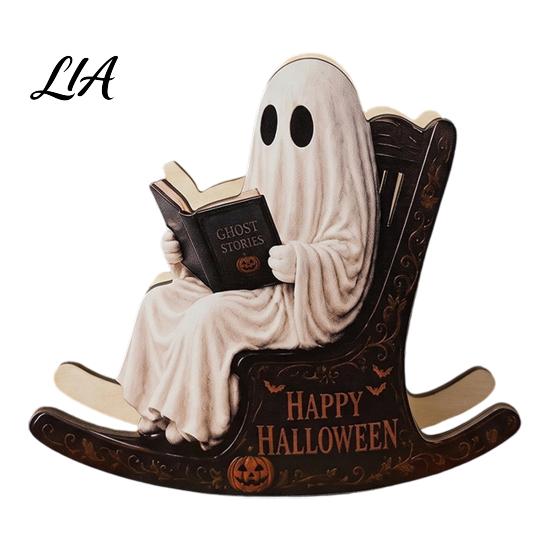 Handcrafted Wooden Halloween Gift Rocking Chair Ghost/Skeleton Ornament, Desktop Decoration, Dynamic Party Table Centerpiece Spooky Ghost Figurine for