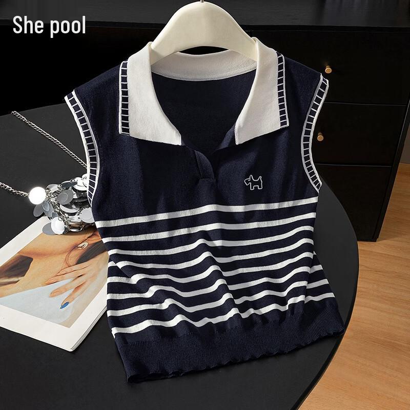 Women s Color-Block Striped Knit Sleeveless Polo T-Shirt M