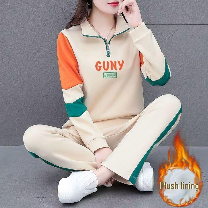 

Женский модный спортивный костюм с флисовой подкладкой - Весна/Осень 2025 Корейская мода для миниатюрных фигур Костюм для бега XL (for 110-130 jin) абрикосовый