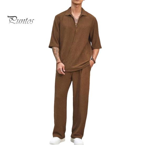 

Мужской повседневный наряд из 2 шт./компл., топы с v-образным вырезом и лацканами и короткими рукавами, длинные брюки с широкими карманами, однотонный комплект для отдыха XL кофейный