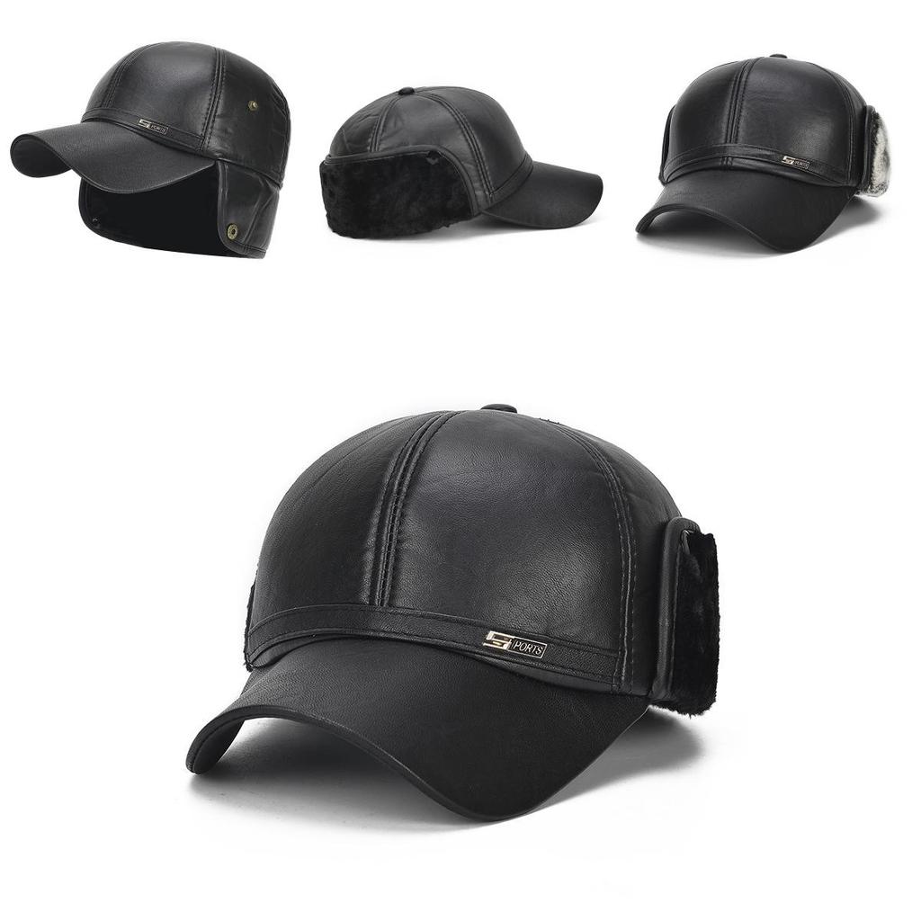 Premium Quality Faux Leather Bomber Trapper Ear Warm Cap For Elderly Men