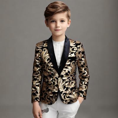 Kids Boys Fashion Golden Shiny Sequin Floral Pattern Suit Jacket Blazers