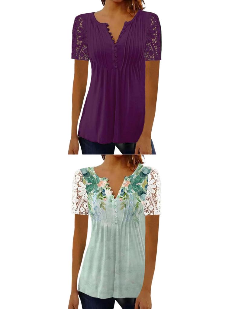 Lace Trim Pleated Solid Color Button Short Sleeve Women's T-Shirt