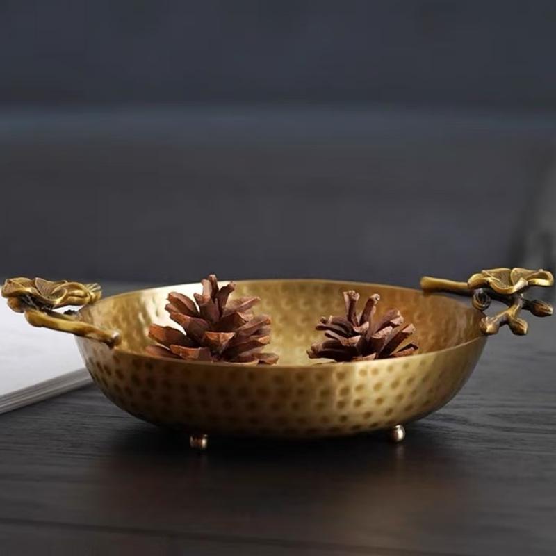 European Fruit Tray,Retro Brass Portable Engraving Plum Blossom Round Shape 23 cm Food Plate,Snack Plate Home Table Decoration