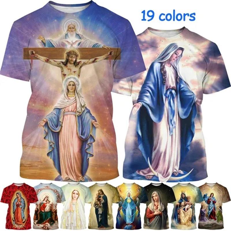 T-shirt Stampa 3D Vergine Maria per Uomo Estate Manica Corta Cristiana Madre di Dio Modello T-shirt Uomo Casual Top