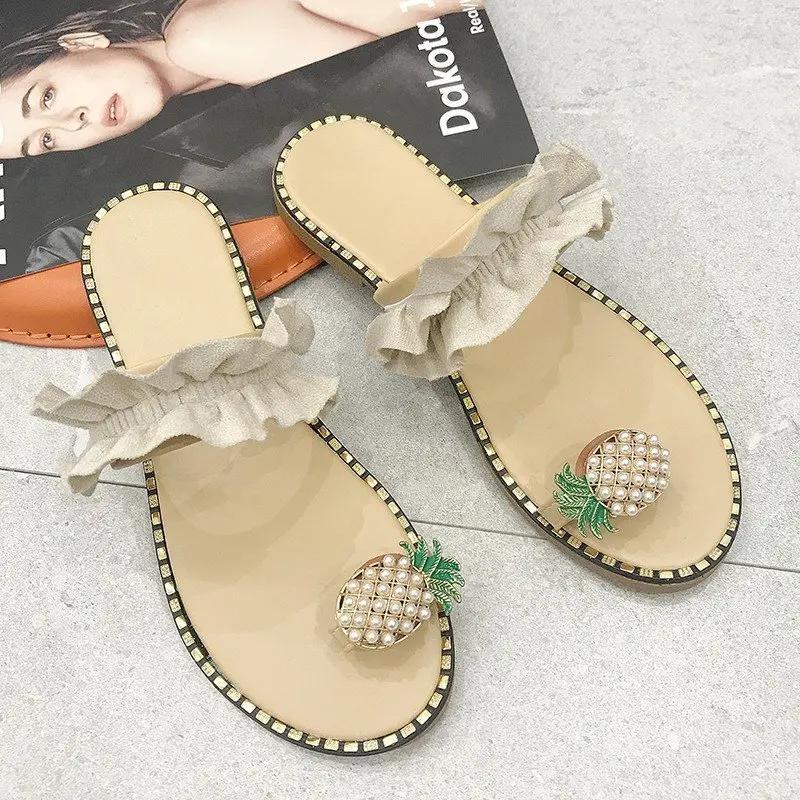 

Plus Size Sandals Women s 2025 New Slippers Pineapple Lace Flat Shoes Breathable Designer Shoes Outdoor Beach Sports Shoes 35 бежевий