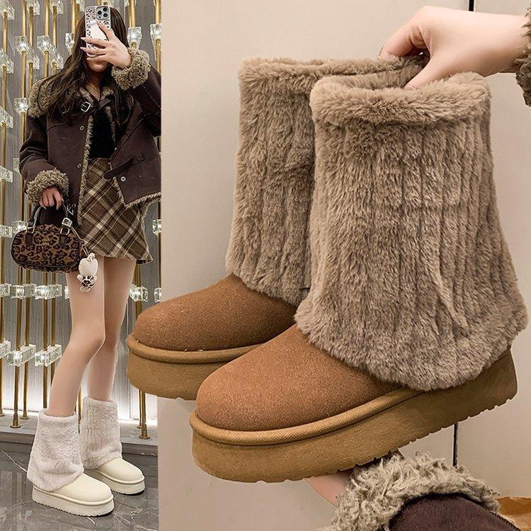 Short snow boots winter piled and thickened new wool cotton boots thick-soled non-slip cotton shoes