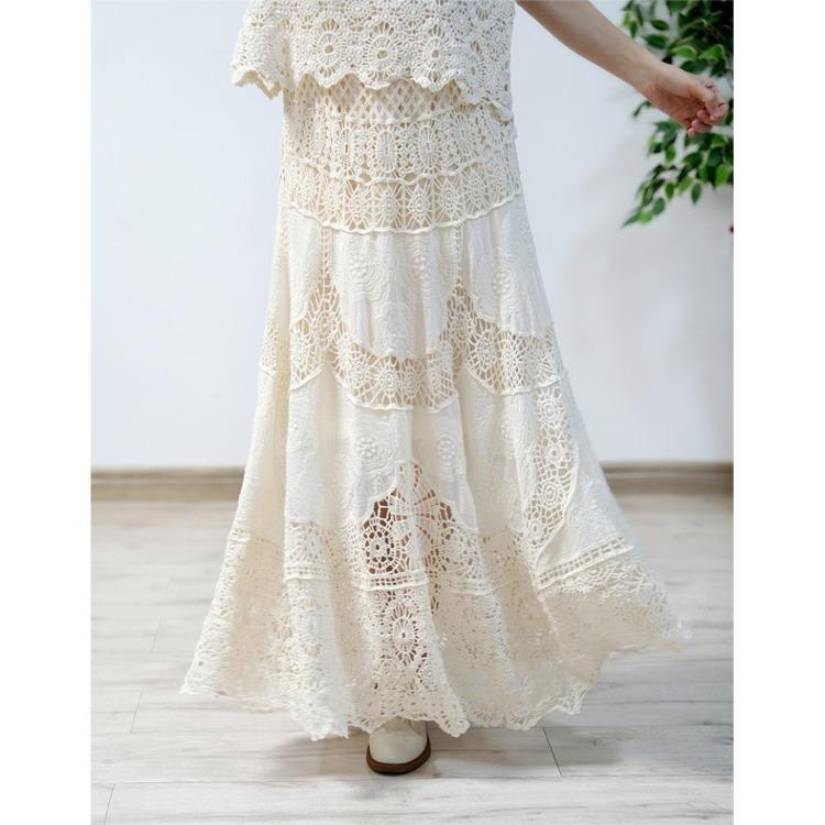 2025 New Dimanaf Holiday Skirt Women Sexy Lace Long Dress Summer Hollow Out Knitting Loose Basic Solid Style