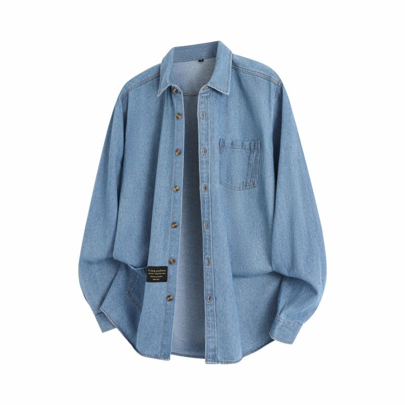 

Spring And Autumn Men S Solid Color Denim Long Sleeve Shirt Men S Loose Casual Lapel Shirt Jacket 3XL средний синий