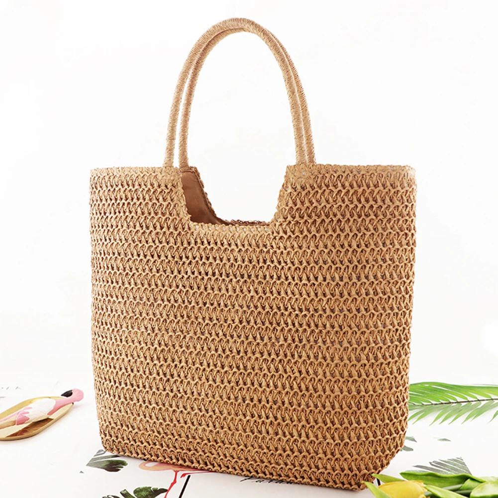Women Straw Tote Handbag Large Capacity Crochet Beach Handbag Solid Color Weaving Travel Handbag Ladies Summer Daily Bag