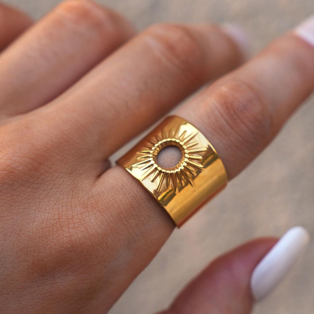 Stainless Steel Gold Color Rings For Women Men Vintage Waterproof Hollow Sun Rings Ladies Jewelry For Daily Wear Vacation