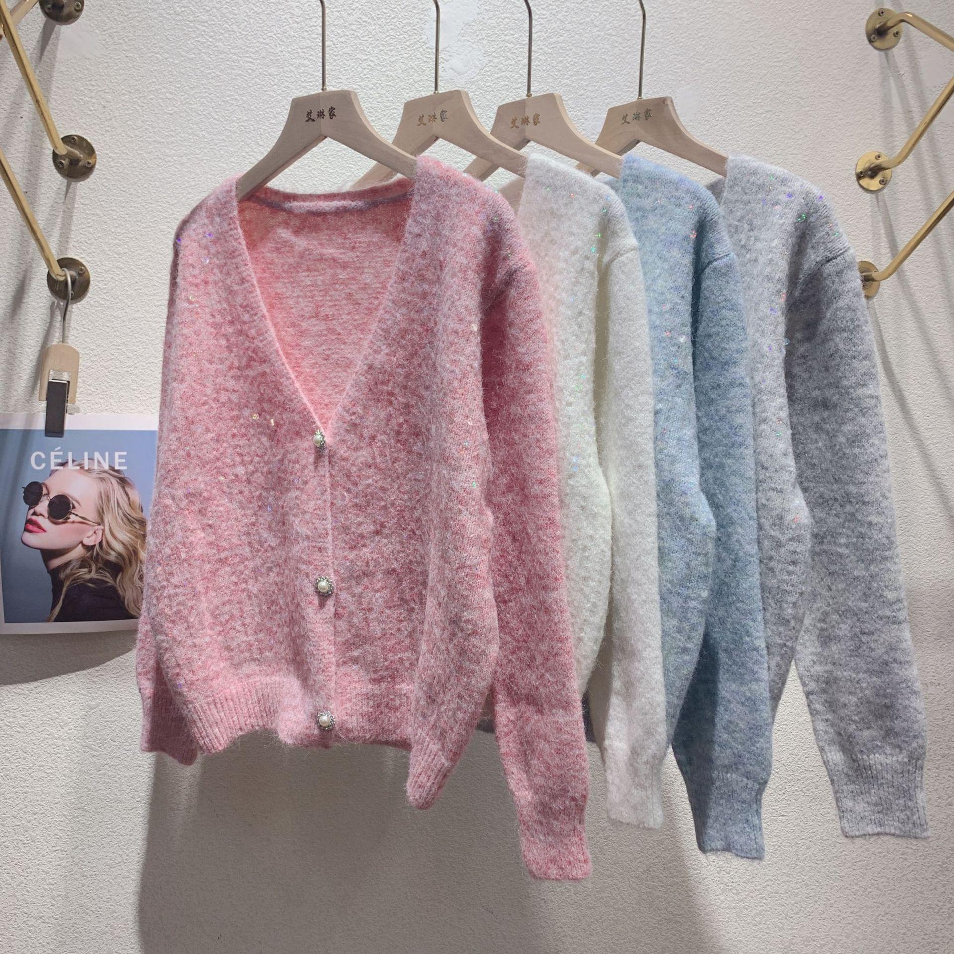 

Женский осенне-зимний кардиган с V-образным вырезом и пайетками one size fits all розовый