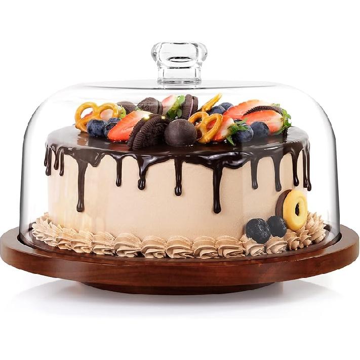 jkwokback Cake Stand with Acrylic Dome, Rotating Cake Plate Acacia Wood Cake Stand with Acrylic Lid, Cake Decorating Turntable for Baking Gifts, Rotatable