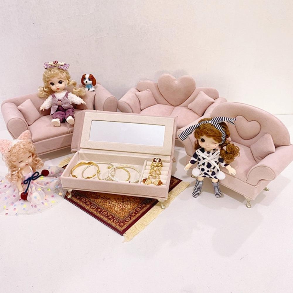 Dutch Velvet Sofa Shaped Jewelry Box Elegant Doll House Furniture Jewelry Store