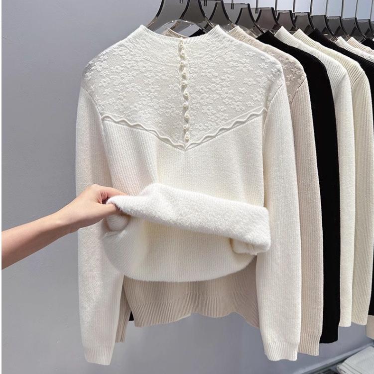Fleece and Thickened Sweater for Women Solid Color Casual Half Turtleneck Knitted Sweater Loose One-piece Fleece Warm Pullover for Autumn and Winter
