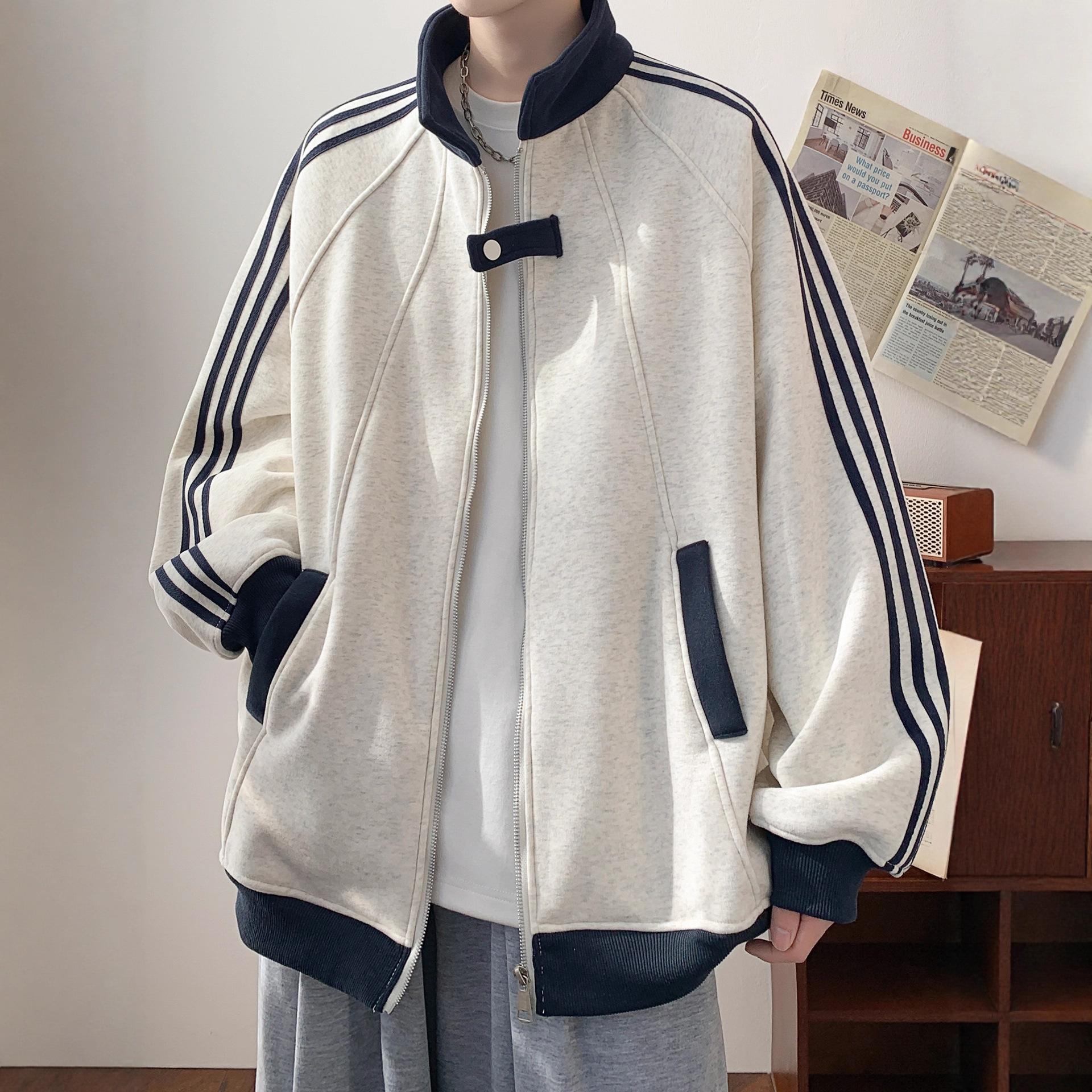 Striped Stand Collar Coat Mens Autumn and Winter Comfortable Fit Everyday Cardigan Sweatshirt Youth Active Jacket M