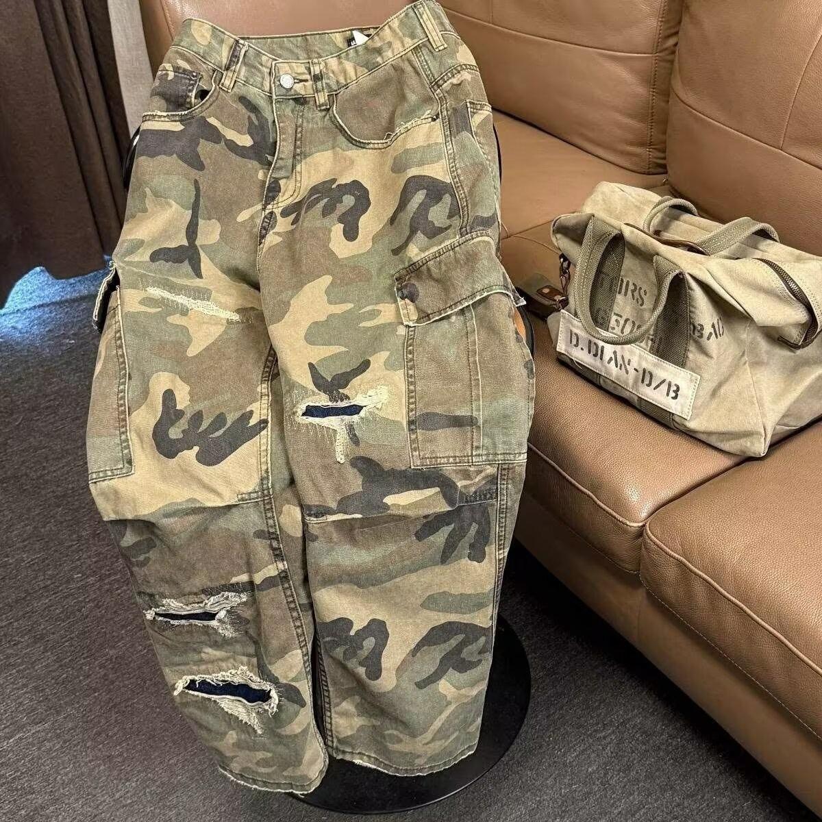 Spring American Street Washed Camouflage Trousers For Men And Women Straight Overalls Casual Pants 2XL