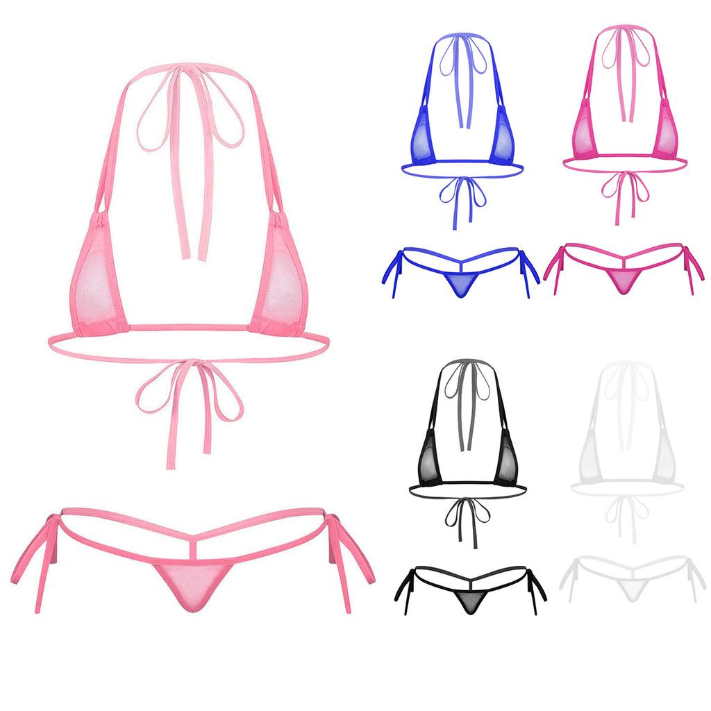 Damski Siateczkowy Zestaw Bikini na Ramiączkach Przezroczysty Design Mikro Trójkątne Stroje Kąpielowe Do Noszenia na Plaży Basenie