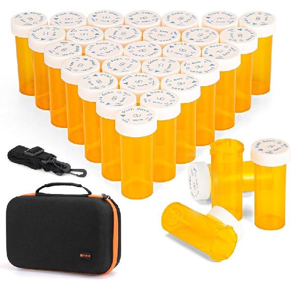 Monthly Pill Organizer 2 Times a Day with Weekly Pill Bag, 30 Day Pill Box Organizer with 32 Daily Compartments, One Month Pill Box Holder with Hard 32PCS 8DR Empty Pill Bott