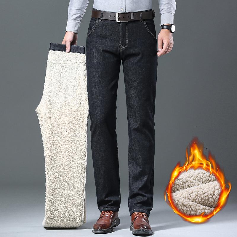 Winter Warm Fleece Jeans Men Straight Stretch Thick Casual Thermal Denim Pants Male Business Work Trousers Men Clothing