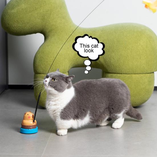 Interactive Cat Teaser Wand Cat Toy with Interchangeable Feathered Teaser Heads 360-Degree Rotating Capybara Base Flexible Cat Wand