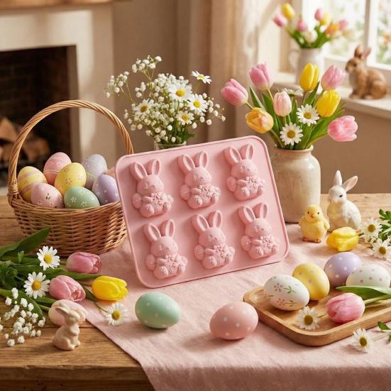 Easter Bunny Mold Set 3D Silicone Ice Tray Food-Grade Safe BPA-Free Non-Stick Easter Bunny Shape Mold for Baking Chocolate Cake Jelly Fudge Snacks