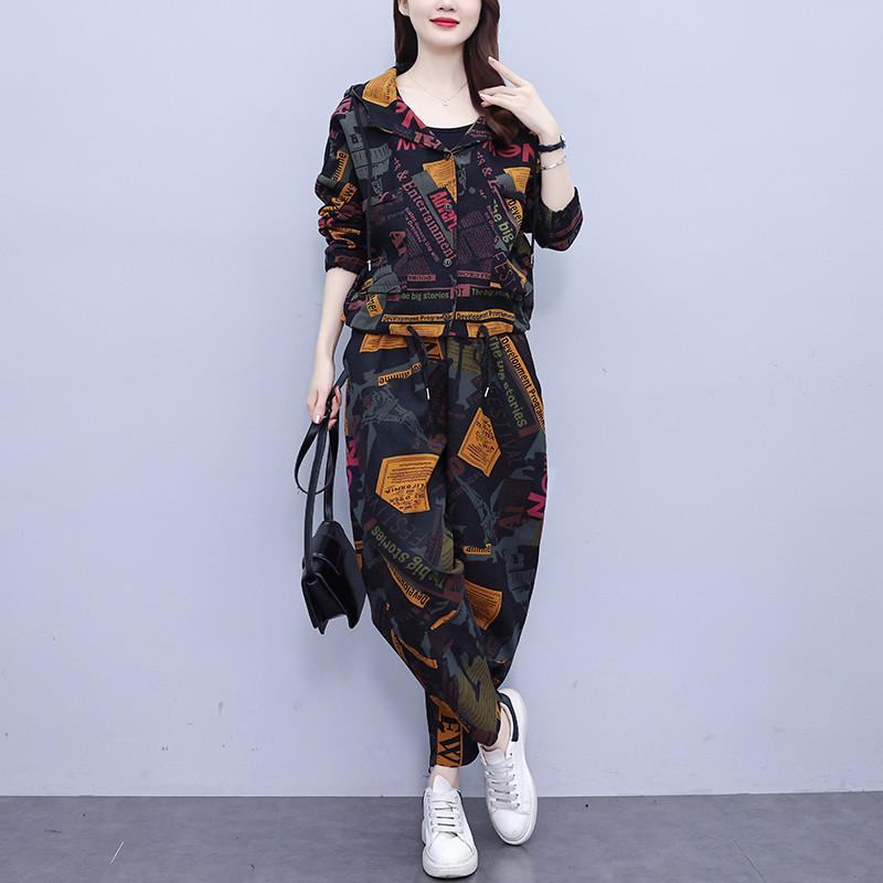 

Большой размер Весна и осень Модный костюм Женский свободный топ с капюшоном Повседневные брюки Костюм из двух частей XXXXXL