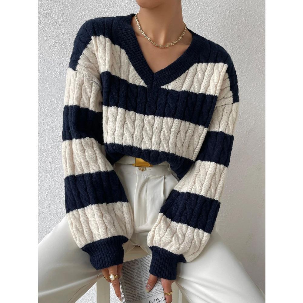 Women s V Neck Long Sleeve Sweater Loose Fit Casual Color Block Striped Cable Knit Pullover Autumn Winter Knit Top S