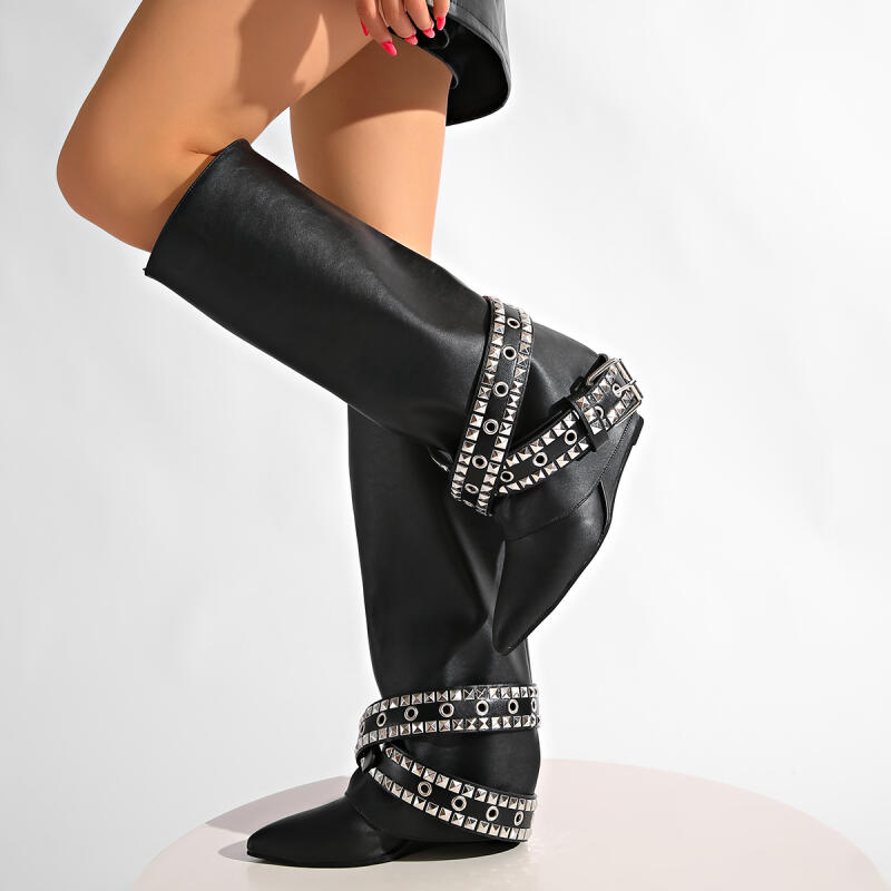 Punk Metal Belt Buckle Decoration Western Boots Women Winter Sexy Pointed Toe High Heel Knee Boots Gothic Solid Black Y2K Shoes