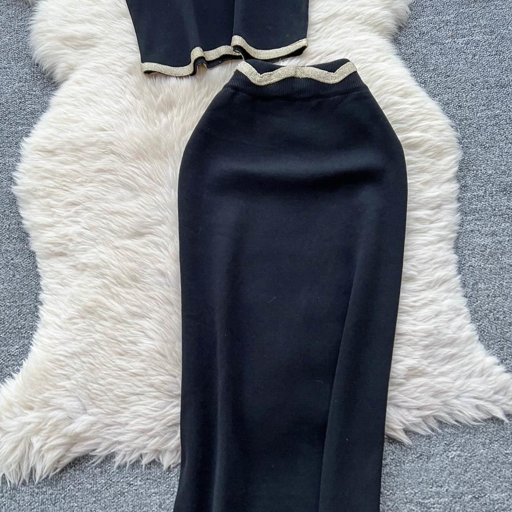 Letní dámský designový černý pletený svetr dvoudílný set krátký top tílko a dlouhá maxi pouzdrová sukně oblek
