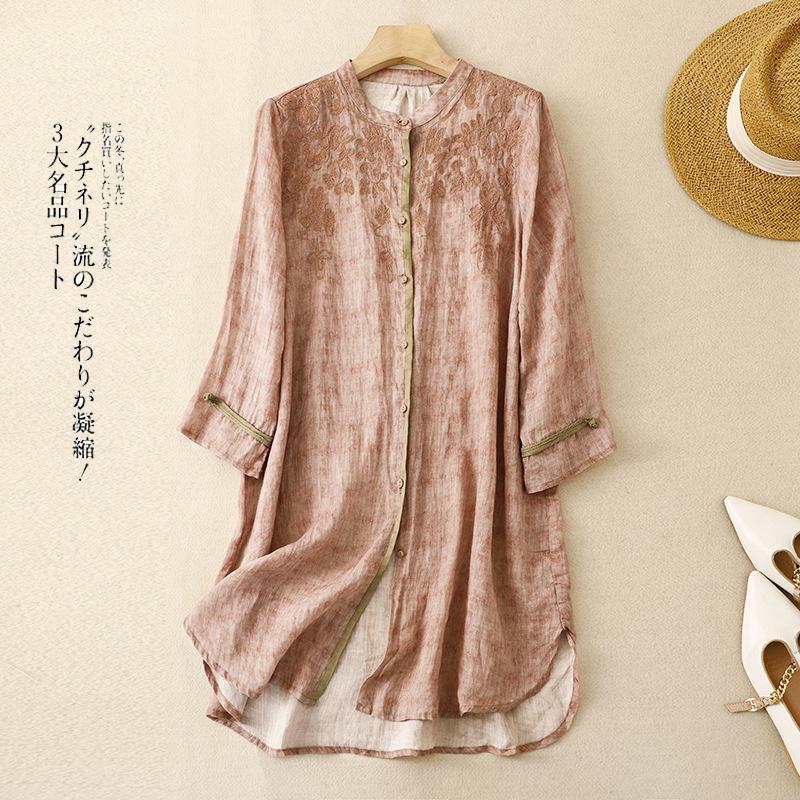 Real spring and summer new literary and retro embroidery fried color stand-up collar shirt women's loose medium and long sunscreen top