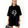 Oversized T Shirt Dress Black Cartoon Astronaut With Headphones And Heart Print Casual Streetwear For Women