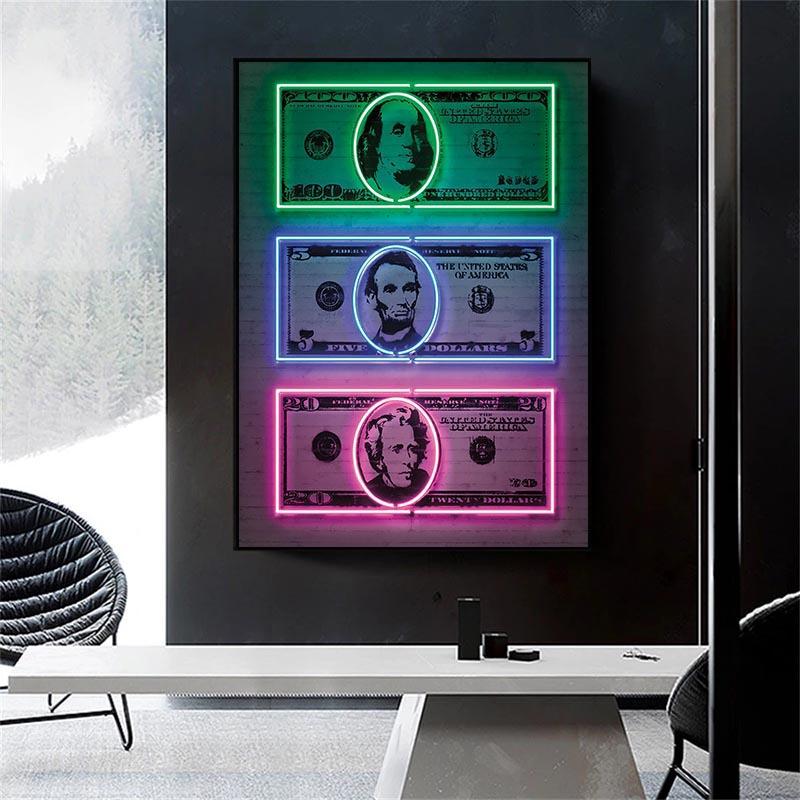 Neon Money Canvas Art Paintings Money Art Dollar Sign Print Poster Pop Street Decorative Pictures Home Office Murals Unframed