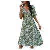 Damen Boho-Kleider, Blumendruck, kurzärmelig, V-Ausschnitt, lässig, hohe Taille, Strand-Maxikleid