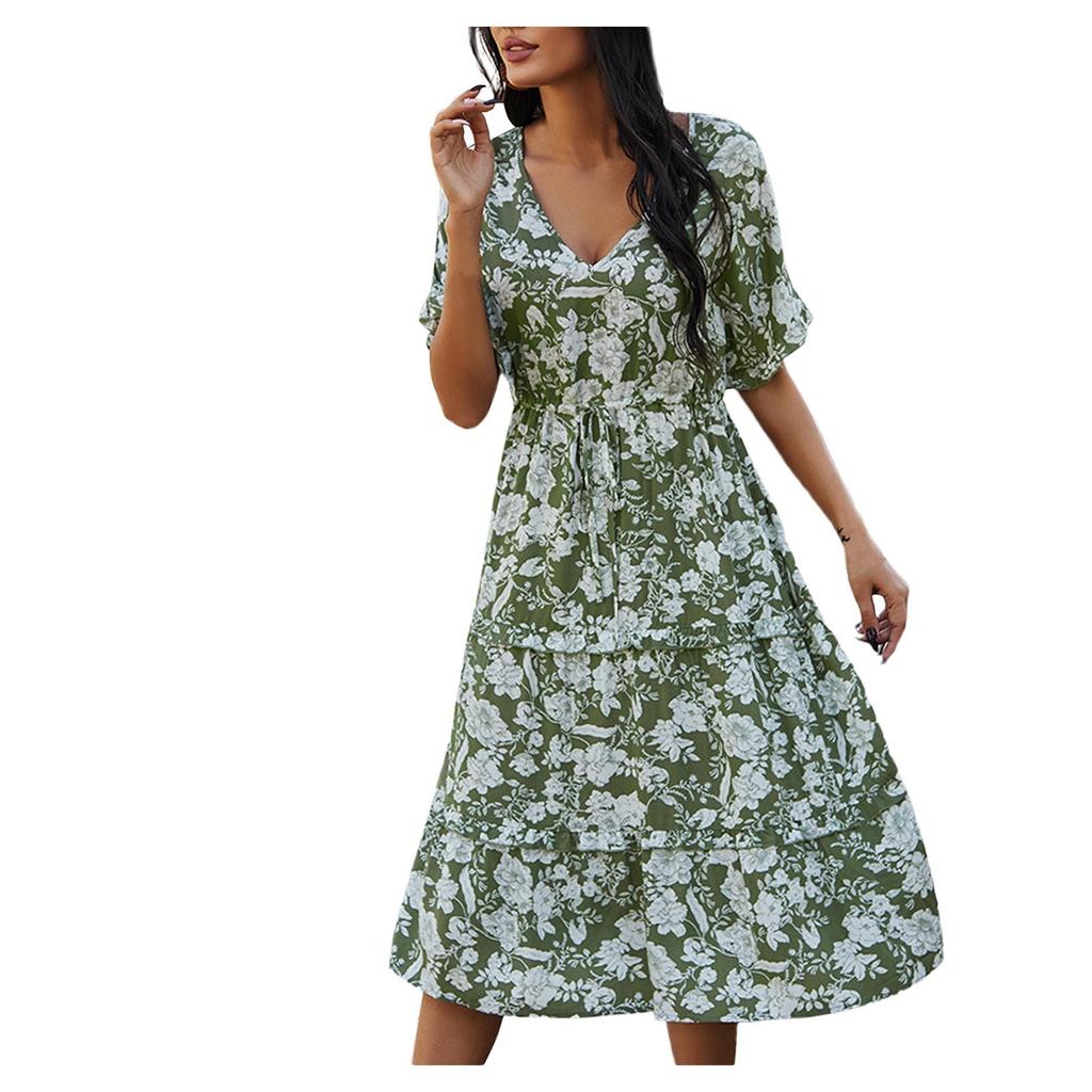 Damen Boho-Kleider, Blumendruck, kurzärmelig, V-Ausschnitt, lässig, hohe Taille, Strand-Maxikleid