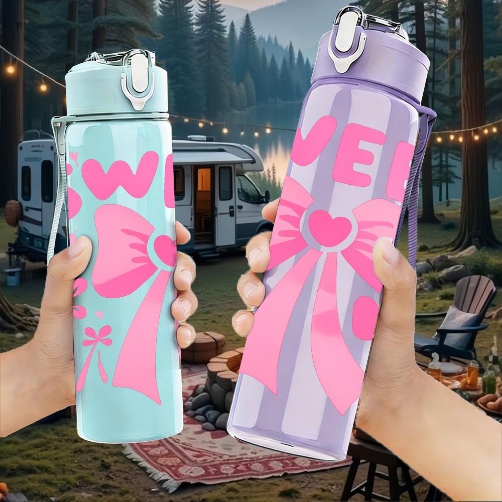 1PC Sweet Bow Pink Text Print 750ml Color Plastic Sports Water Bottle Leakproof Flip Straw Lid Suitable for Sports Office Home Use