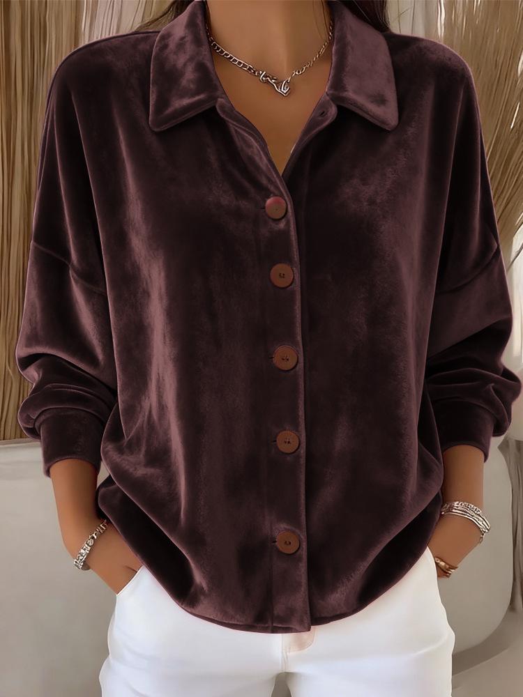 Women's Gold Velvet Long Sleeve Cardigan Shirt with Collar - European & American Style