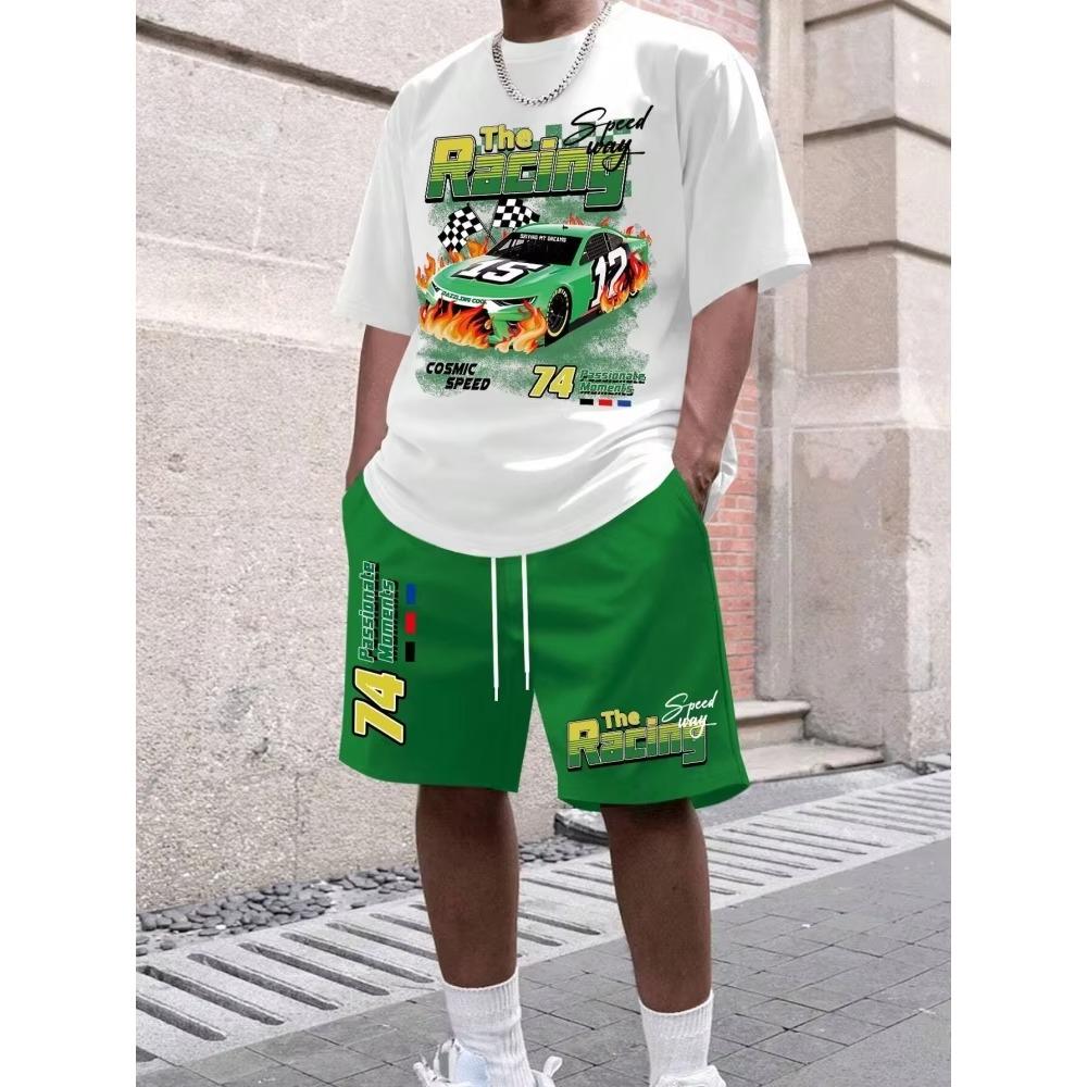 Cartoon Bear 3D Printed Men's Round Neck Short Sleeve 2-piece Set Urban Street Trendy Men's Top Outdoor Men's Drawstring Shorts