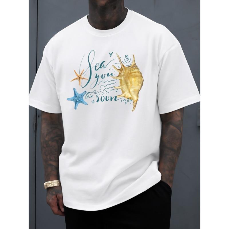 Europäische Größe Bis Bald Muschel T-Shirt für Herren Grafische T-Shirts Weiß Lässige Sommer Bedruckte T-Shirts, Streetwear Stil Kleidung