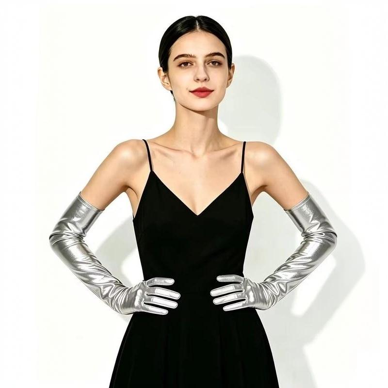 Sexy Lackleder Damen Eng Lange Handschuhe Punk Rock Hiphop Jazz Disco Pole Dance Metallische Fäustlinge Halloween Cosplay