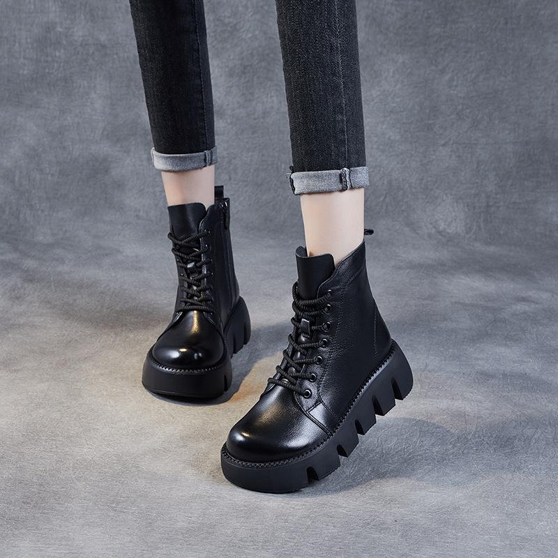 Winter 2025 New Thick-soled Heightening Martin Boots Retro Short Boots Leather Square Head Women's Boots Soft Leather Boots Women's