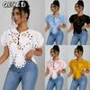 Women's Fashion Casual Solid Color Print Short Sleeve V Neck Blouses & Shirts
