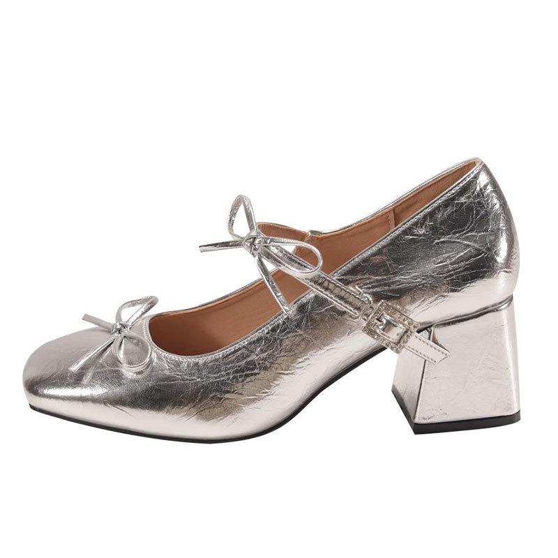 Schleife ein Wort Riemchen High Heels Frühling neu Mary Jane Schuhe Ballerinas eckige Spitze dicker Absatz flacher Ausschnitt Einzelne Schuhe