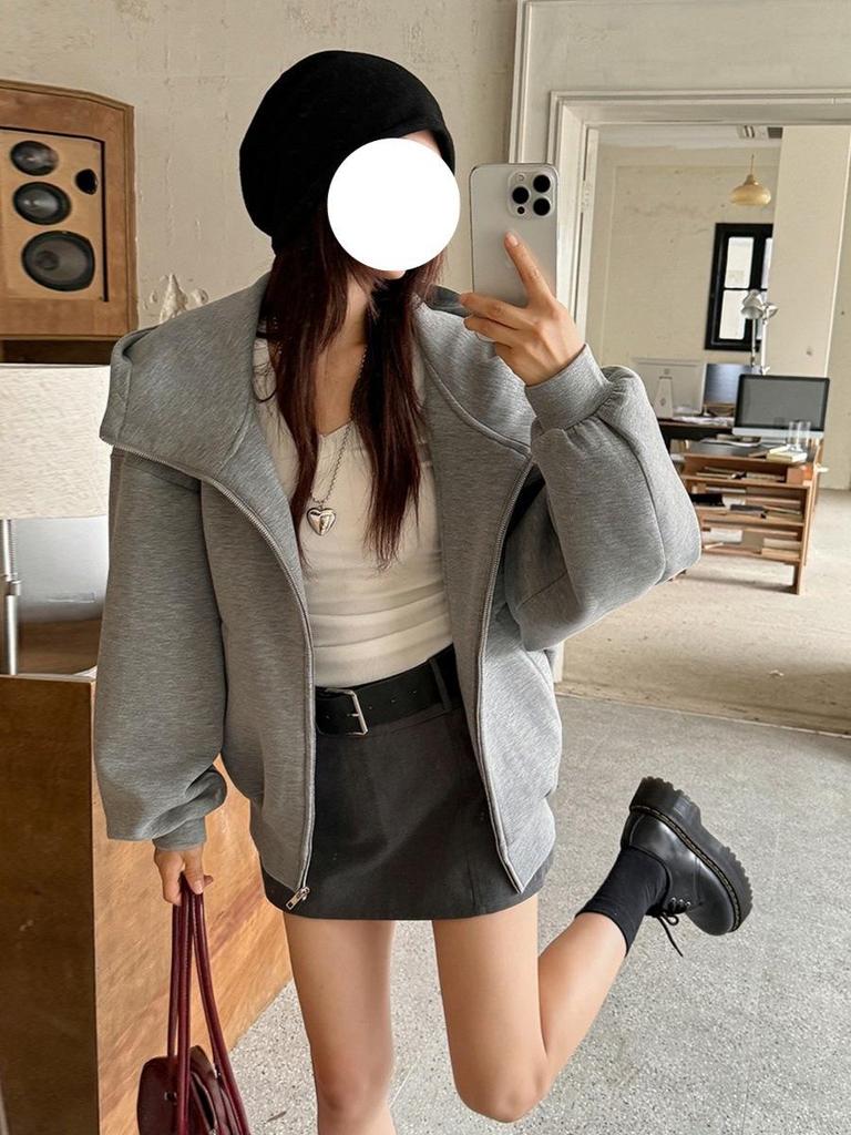 Women's Gray Oversized Hooded Sweatshirt Jacket - Autumn 2025
