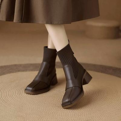 Modische Square Toe Absatz Elastische Damen Socken Stiefeletten Herbst Winter Fleecegefüttert Damen Kurze Schuhe Designer Luxus Mode Stiefeletten
