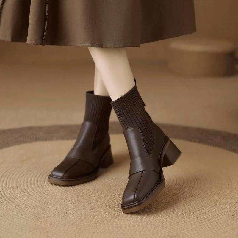 Fashion Woman Short Shoes Elegant With Medium Heels Elastic Ankle Boots for Women Knit High Quality Goth New Rock Boot Sale In Booties