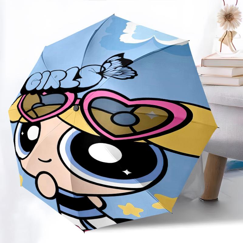 

1pc The Powerpuff Girls pattern Umbrella Portable Folding Umbrella Iron Frame Hole Bone Structure Outdoor Home Umbrella